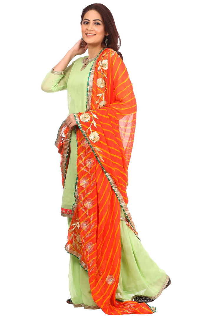 anokherang Combos Pista Charm Short Kurti with Gharara and Peachy Orange Leheriya Gotta Dupatta