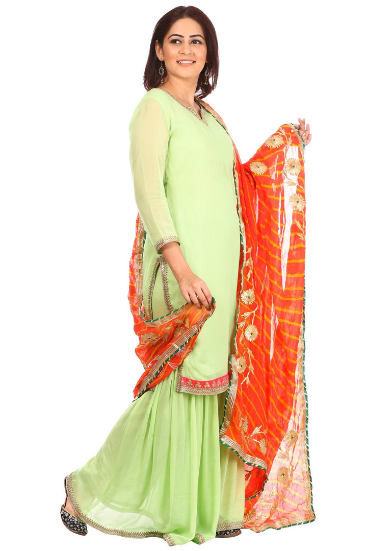 anokherang Combos Pista Charm Short Kurti with Gharara and Peachy Orange Leheriya Gotta Dupatta