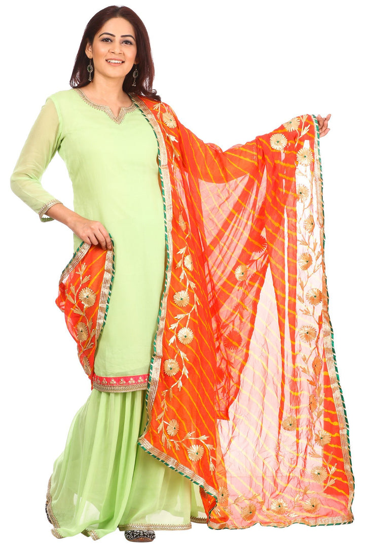 anokherang Combos Pista Charm Short Kurti with Gharara and Peachy Orange Leheriya Gotta Dupatta