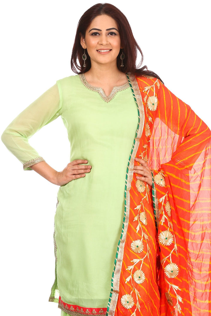 anokherang Combos Pista Charm Short Kurti with Gharara and Peachy Orange Leheriya Gotta Dupatta