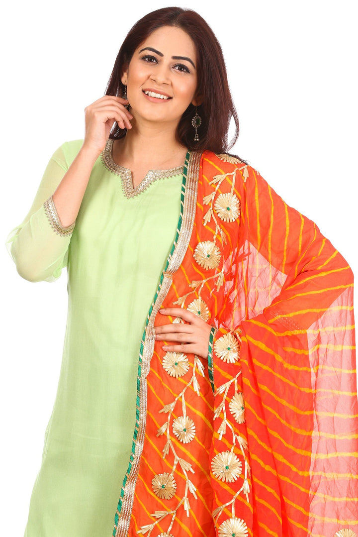 anokherang Combos Pista Charm Short Kurti with Gharara and Peachy Orange Leheriya Gotta Dupatta