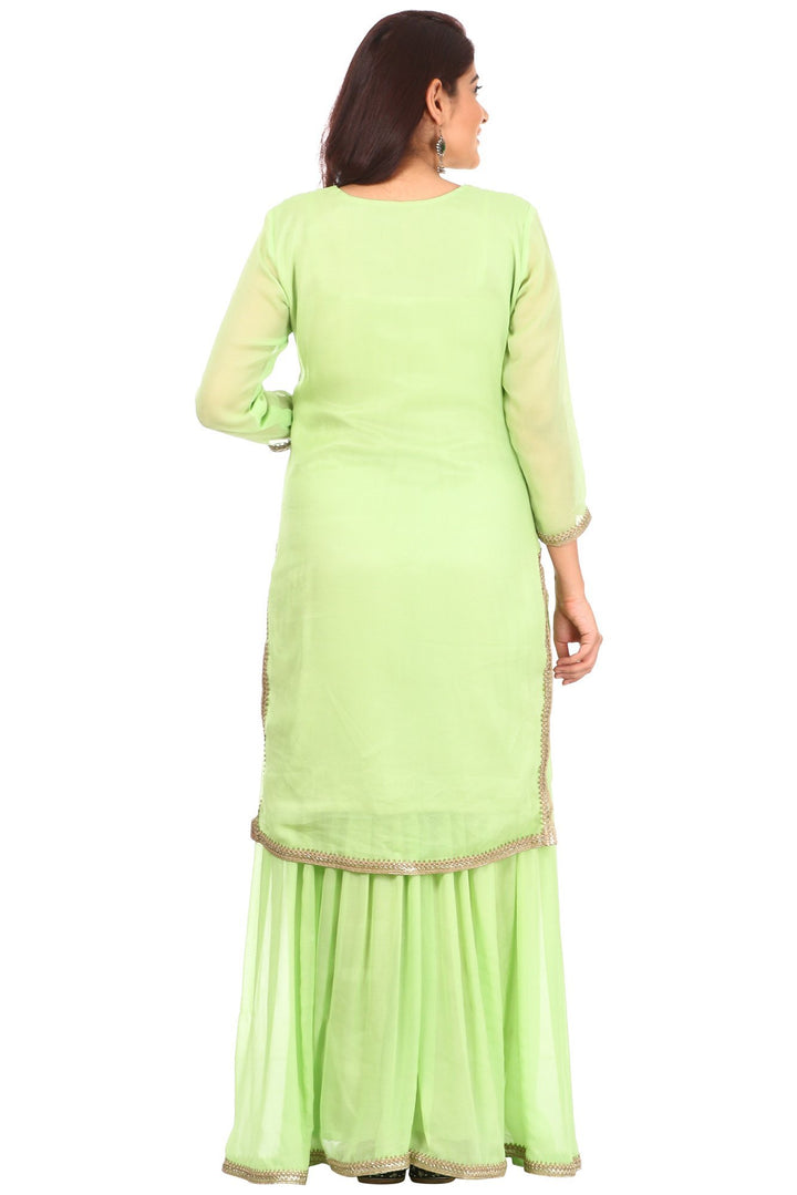 anokherang Combos Pista Charm Short Kurti with Gharara and Pink Leheriya Gotta Dupatta