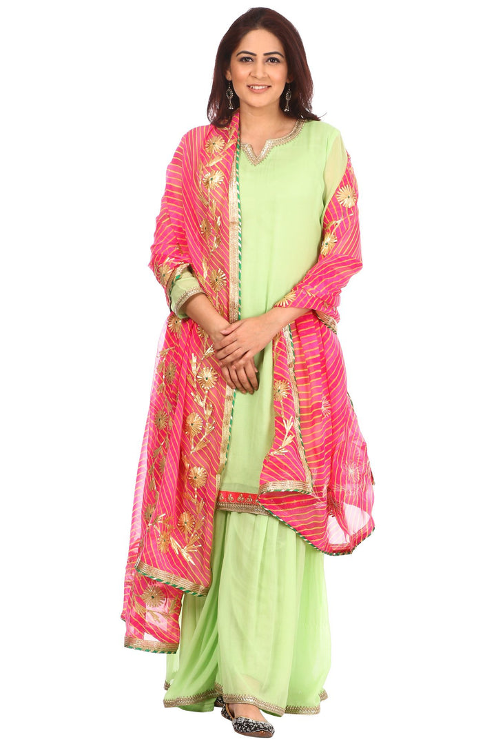 anokherang Combos Pista Charm Short Kurti with Gharara and Pink Leheriya Gotta Dupatta
