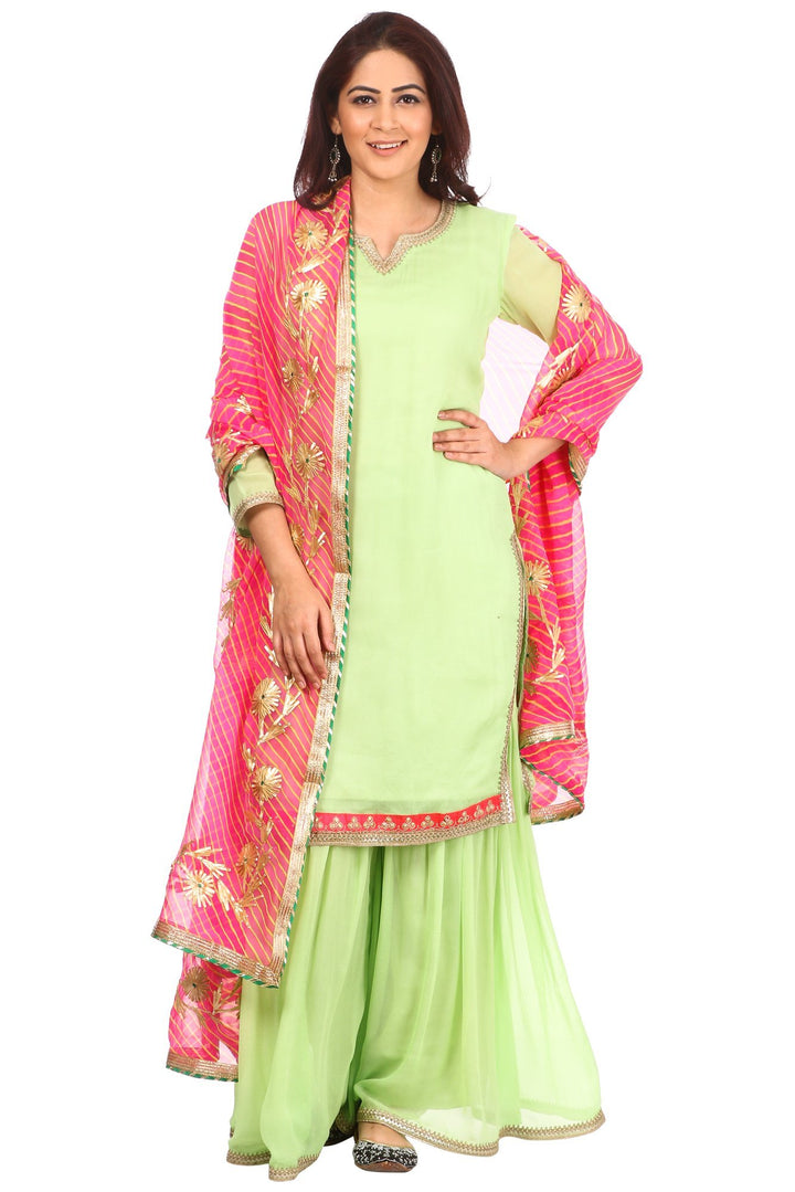anokherang Combos Pista Charm Short Kurti with Gharara and Pink Leheriya Gotta Dupatta