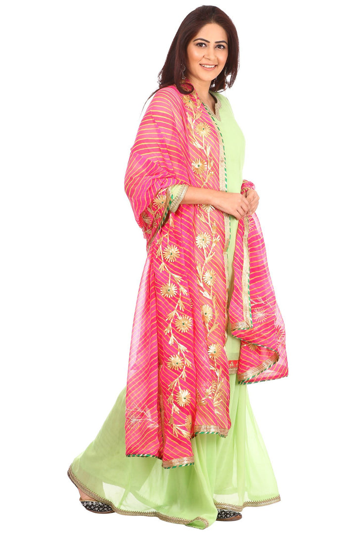 anokherang Combos Pista Charm Short Kurti with Gharara and Pink Leheriya Gotta Dupatta