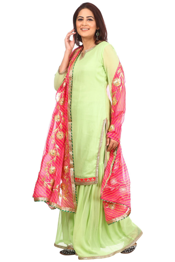 anokherang Combos Pista Charm Short Kurti with Gharara and Pink Leheriya Gotta Dupatta