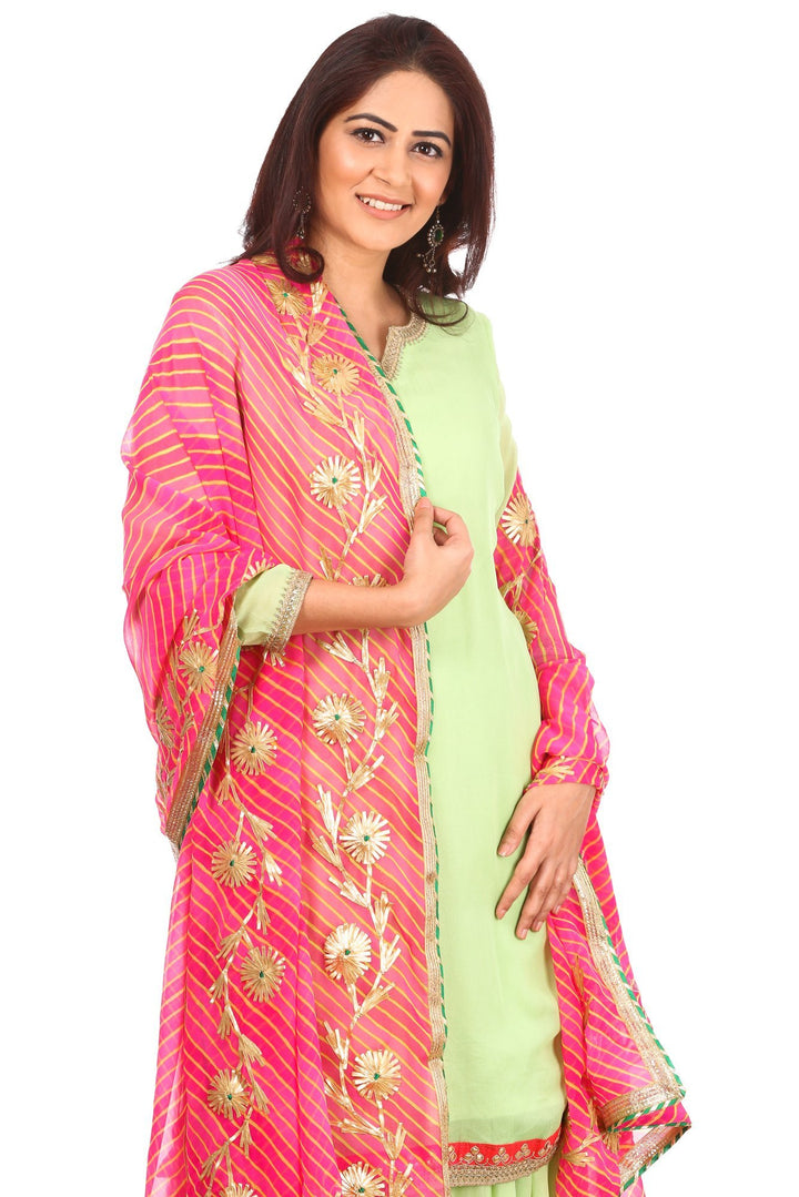 anokherang Combos Pista Charm Short Kurti with Gharara and Pink Leheriya Gotta Dupatta