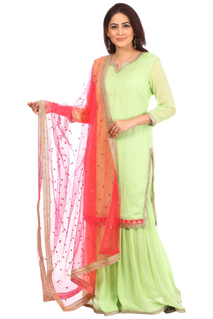 anokherang Combos Pista Charm Short Kurti with Sharara and Carrot Pink Sequenced Dupatta