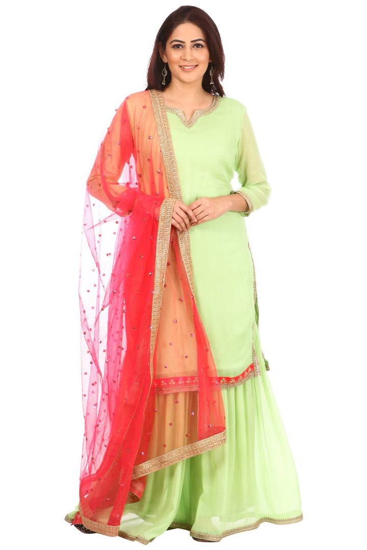 anokherang Combos Pista Charm Short Kurti with Sharara and Carrot Pink Sequenced Dupatta