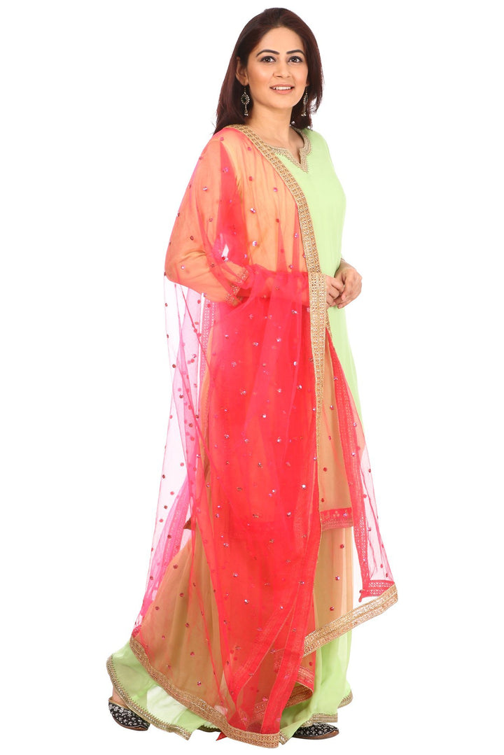 anokherang Combos Pista Charm Short Kurti with Sharara and Carrot Pink Sequenced Dupatta