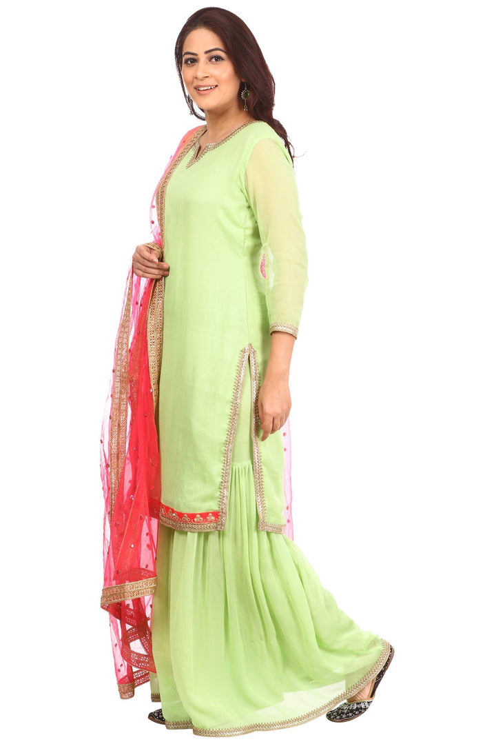 anokherang Combos Pista Charm Short Kurti with Sharara and Carrot Pink Sequenced Dupatta