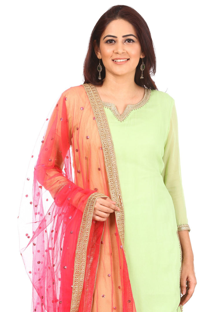 anokherang Combos Pista Charm Short Kurti with Sharara and Carrot Pink Sequenced Dupatta