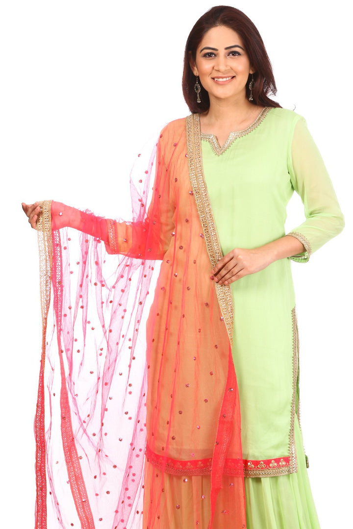 anokherang Combos Pista Charm Short Kurti with Sharara and Carrot Pink Sequenced Dupatta