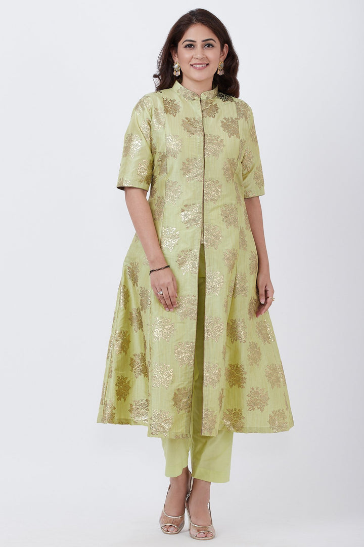 anokherang Combos Pista Foil Classic Jacket Style Kurti with Pants
