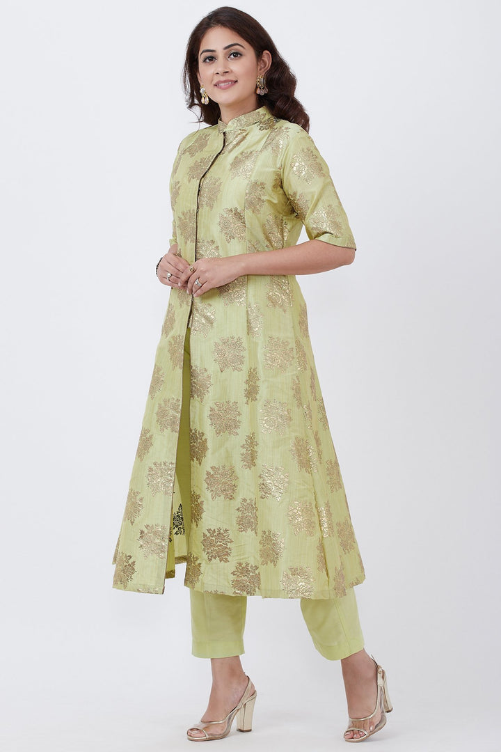 anokherang Combos Pista Foil Classic Jacket Style Kurti with Pants