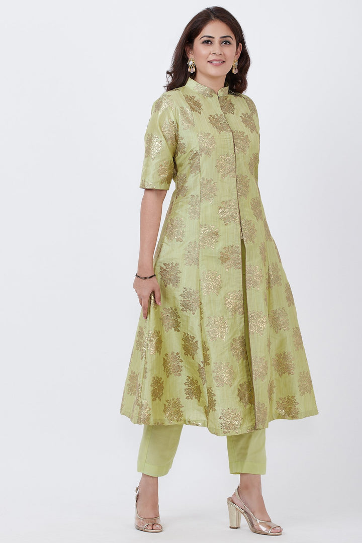 anokherang Combos Pista Foil Classic Jacket Style Kurti with Pants