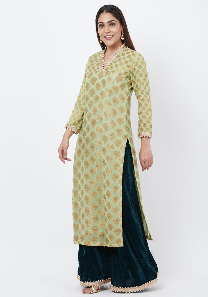 anokherang Combos Pista Georgette Banarsi Kurti with Bottle Green Velvet Palazzo