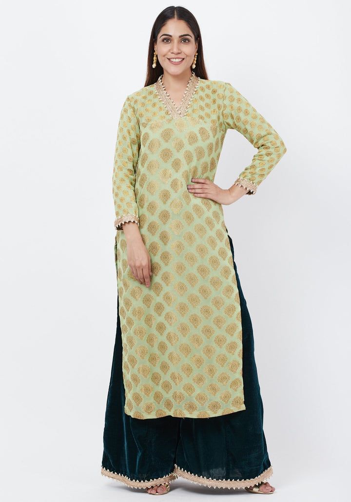 anokherang Combos Pista Georgette Banarsi Kurti with Bottle Green Velvet Palazzo