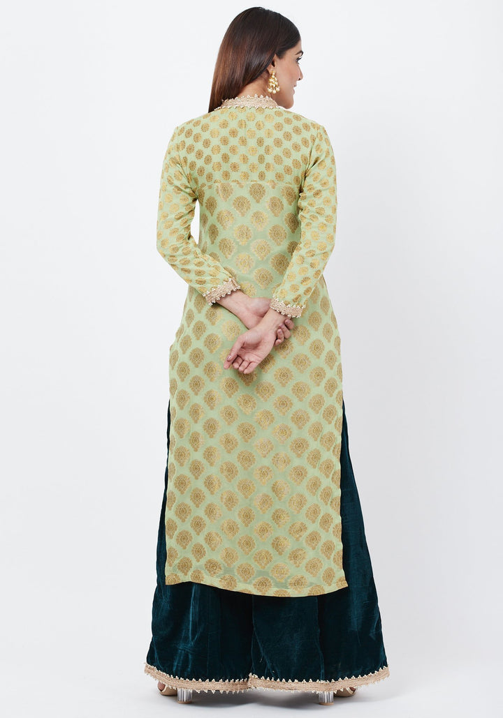 anokherang Combos Pista Georgette Banarsi Kurti with Bottle Green Velvet Palazzo