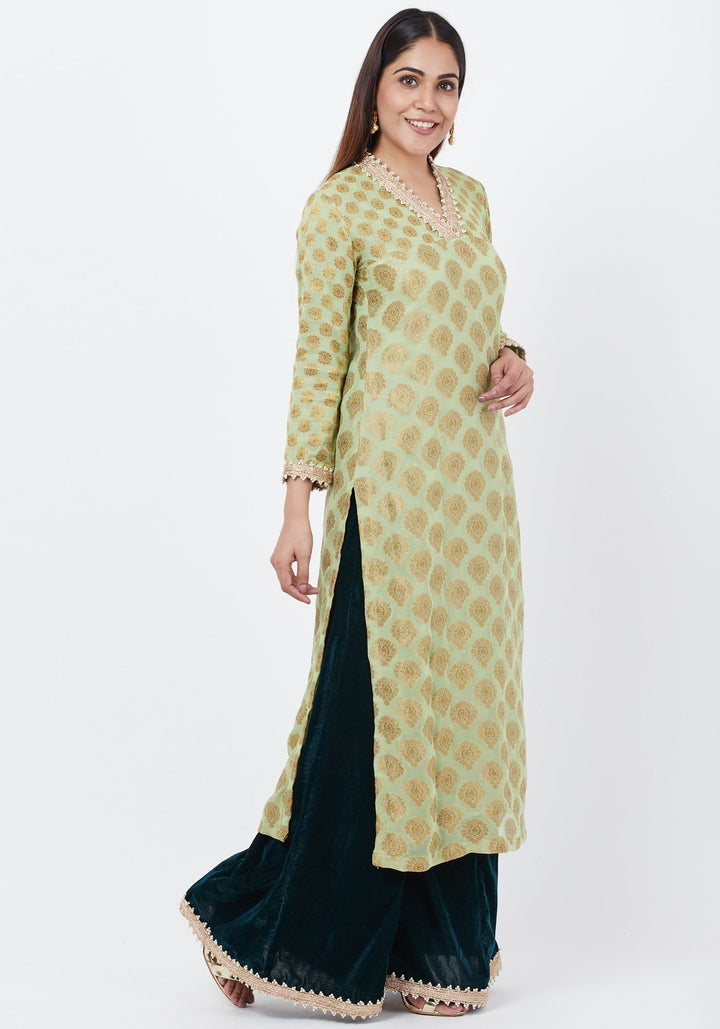 anokherang Combos Pista Georgette Banarsi Kurti with Bottle Green Velvet Palazzo