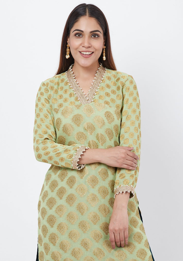 anokherang Combos Pista Georgette Banarsi Kurti with Bottle Green Velvet Palazzo