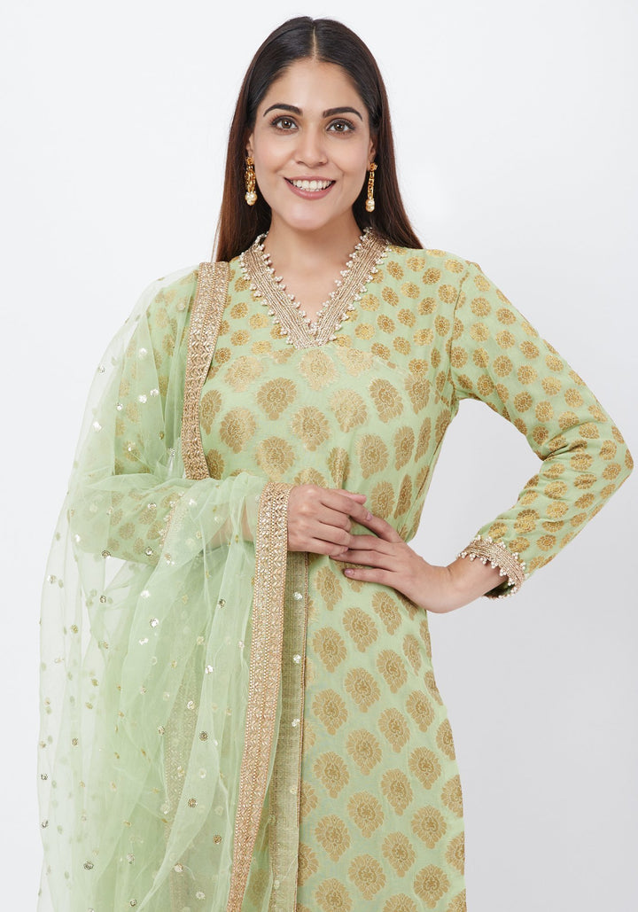 anokherang Combos Pista Georgette Banarsi Kurti with Bottle Green Velvet Palazzo and Sequenced Dupatta