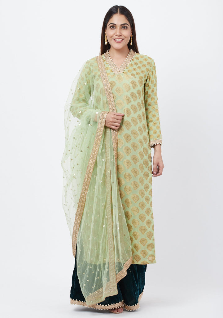 anokherang Combos Pista Georgette Banarsi Kurti with Bottle Green Velvet Palazzo and Sequenced Dupatta