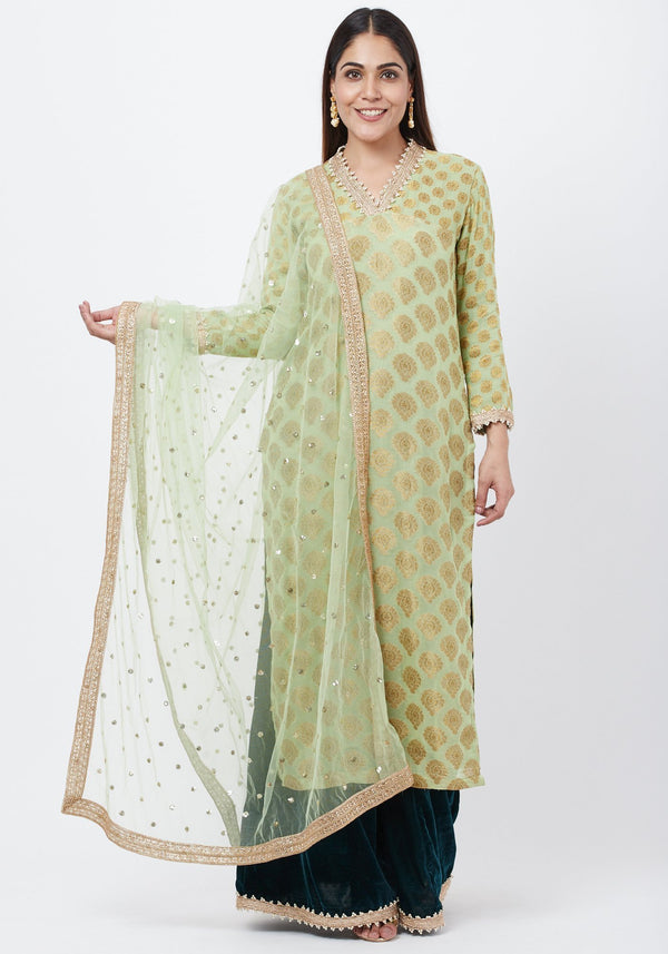 anokherang Combos Pista Georgette Banarsi Kurti with Bottle Green Velvet Palazzo and Sequenced Dupatta