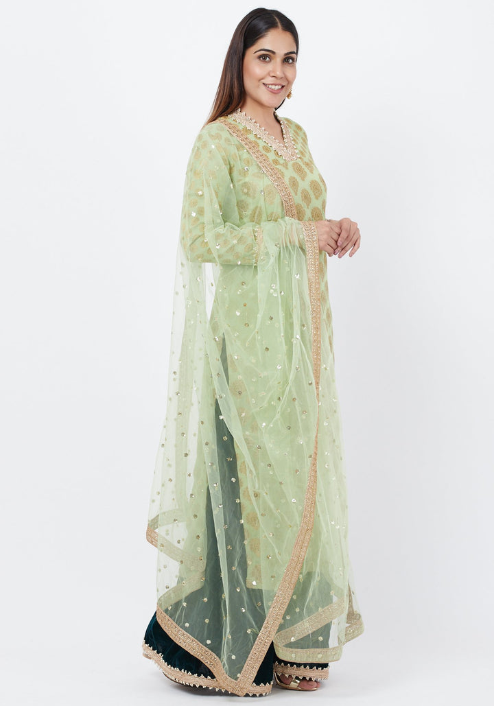 anokherang Combos Pista Georgette Banarsi Kurti with Bottle Green Velvet Palazzo and Sequenced Dupatta