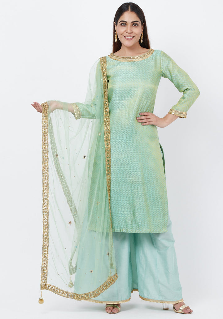 anokherang Combos Pista Green Brocade Kurti with Kalidaar Palazzos with Net Mirror Stone Dupatta