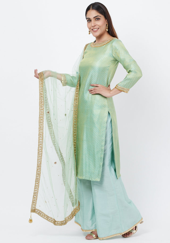 anokherang Combos Pista Green Brocade Kurti with Kalidaar Palazzos with Net Mirror Stone Dupatta
