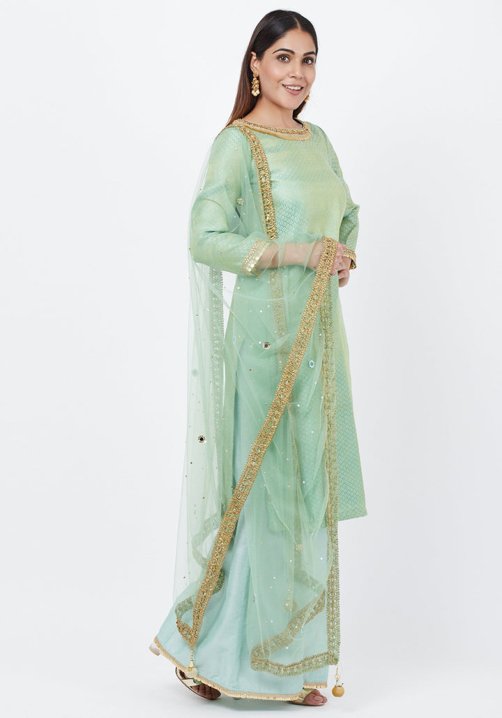 anokherang Combos Pista Green Brocade Kurti with Kalidaar Palazzos with Net Mirror Stone Dupatta