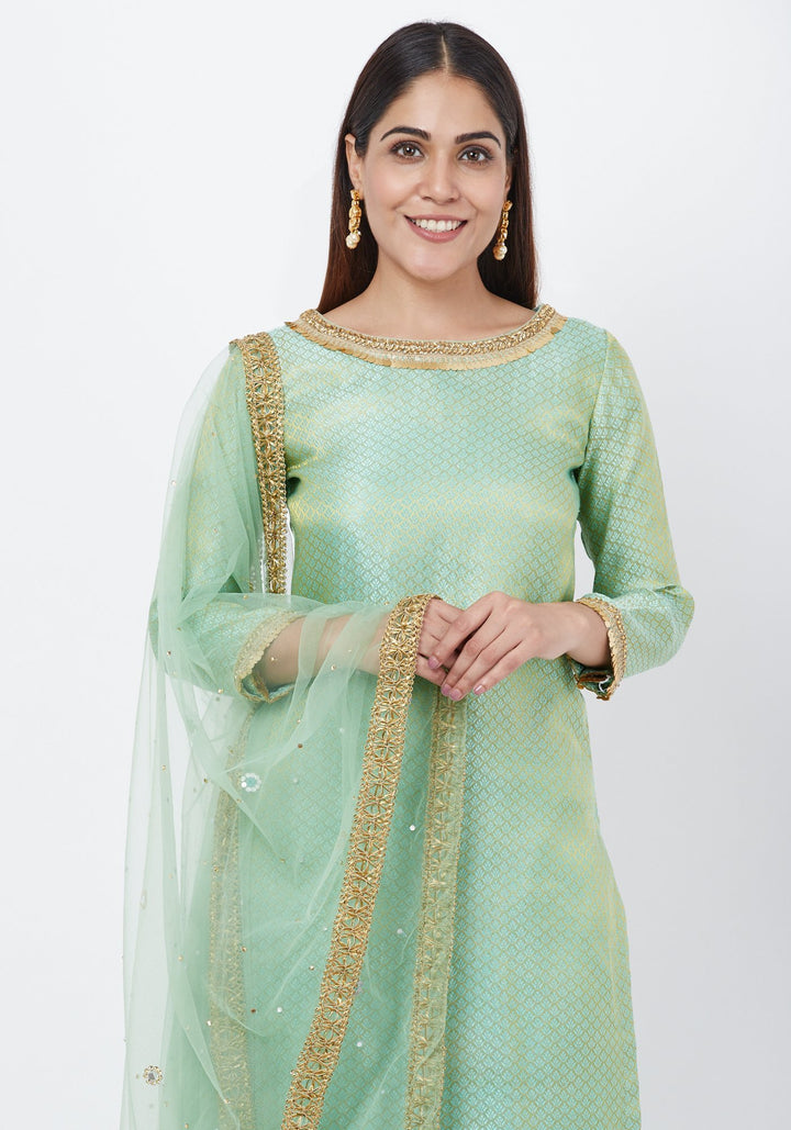 anokherang Combos Pista Green Brocade Kurti with Kalidaar Palazzos with Net Mirror Stone Dupatta