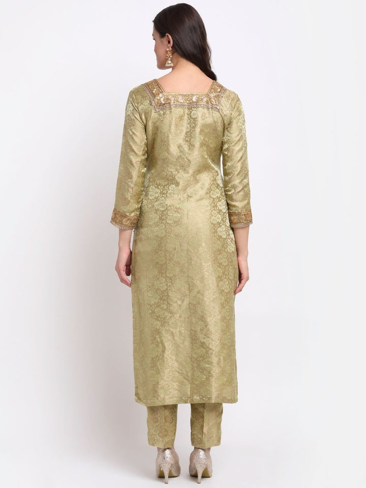anokherang Combos Pista Green Brocade Square Neck Straight Kurti with Pants