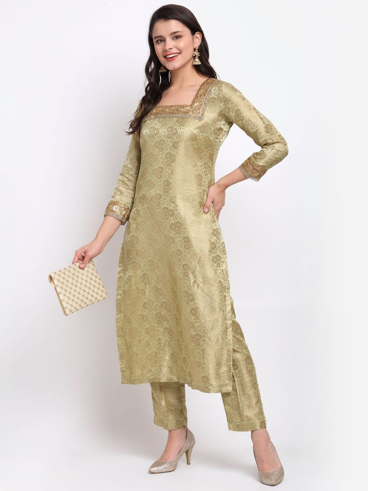 anokherang Combos Pista Green Brocade Square Neck Straight Kurti with Pants
