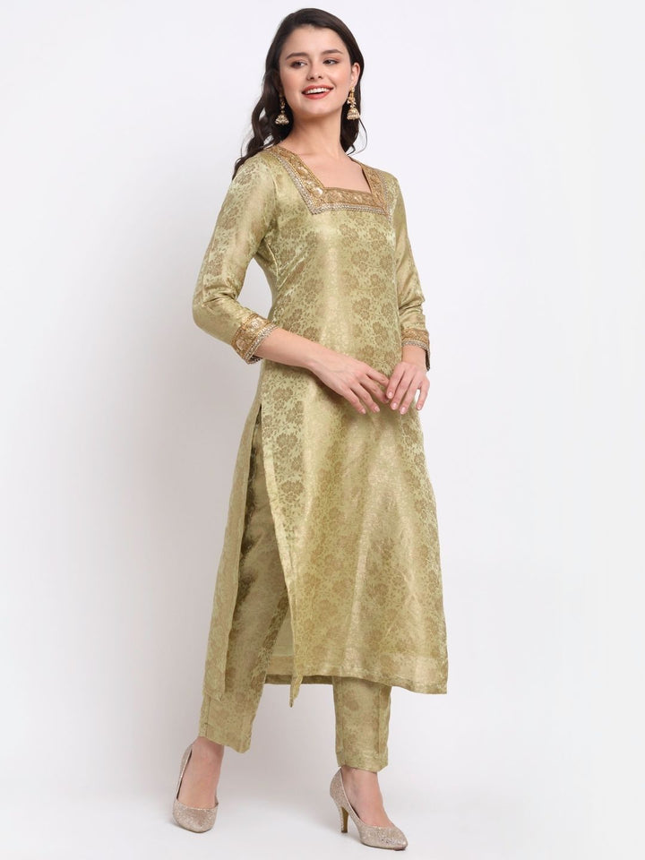 anokherang Combos Pista Green Brocade Square Neck Straight Kurti with Pants