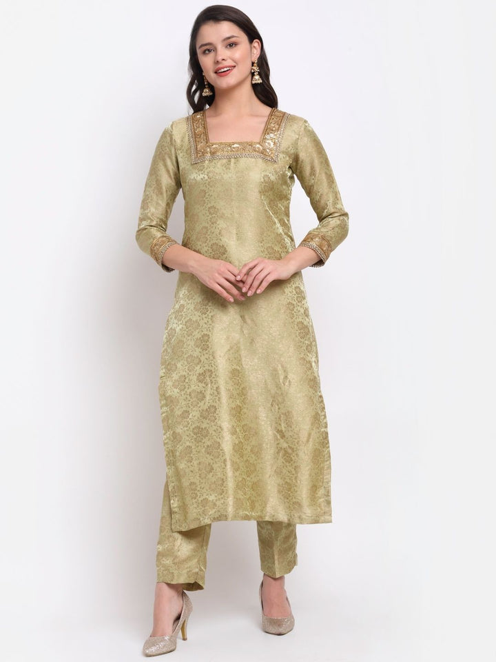 anokherang Combos Pista Green Brocade Square Neck Straight Kurti with Pants