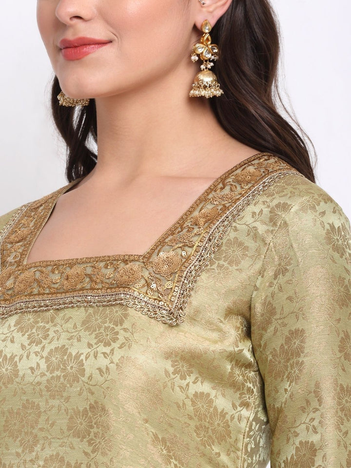 anokherang Combos Pista Green Brocade Square Neck Straight Kurti with Pants