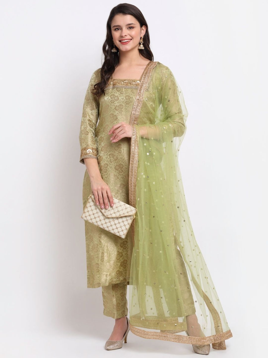 Pista Green Brocade Square Neck Straight Kurti with Pants and Stone Du ...