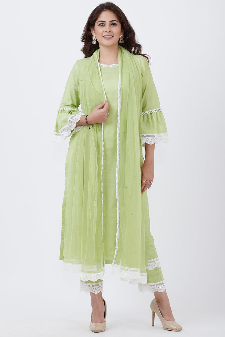 anokherang Combos Pista Green Crochet Border Kurti with Straight Pants and Net Mokaish Dupatta