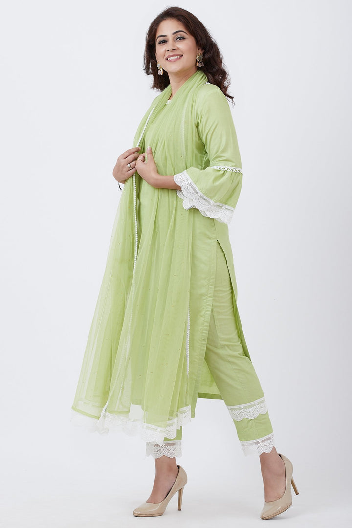 anokherang Combos Pista Green Crochet Border Kurti with Straight Pants and Net Mokaish Dupatta