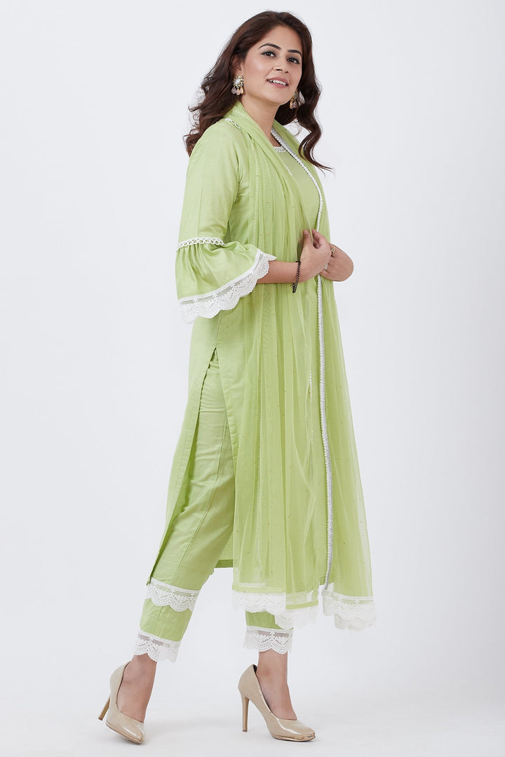 anokherang Combos Pista Green Crochet Border Kurti with Straight Pants and Net Mokaish Dupatta
