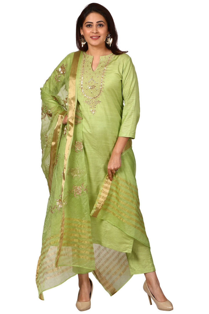 anokherang Combos Pista Green Embroidered Kurti and Straight Pants with Gold Embroidered Pista Green Organza Dupatta
