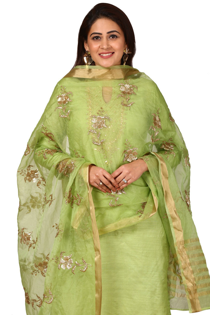 anokherang Combos Pista Green Embroidered Kurti and Straight Pants with Gold Embroidered Pista Green Organza Dupatta