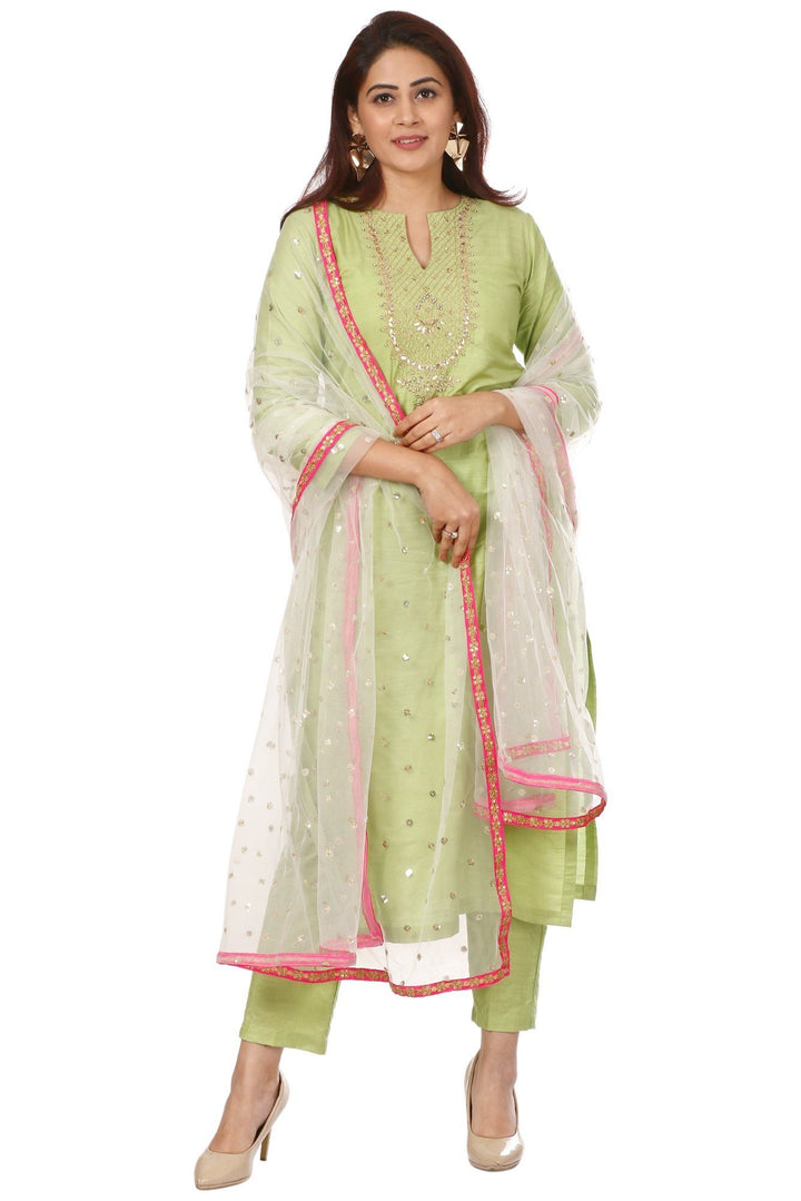 anokherang Combos Pista Green Embroidered Kurti and Straight Pants with Off-White Net Sequenced Dupatta with Hot Pink Border