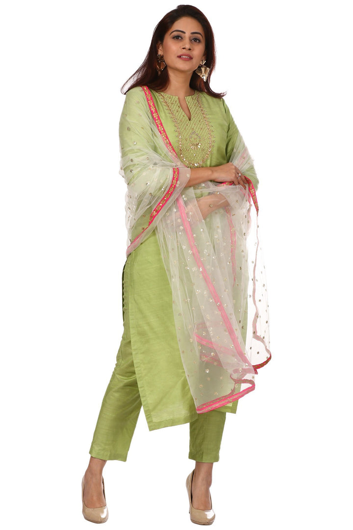 anokherang Combos Pista Green Embroidered Kurti and Straight Pants with Off-White Net Sequenced Dupatta with Hot Pink Border