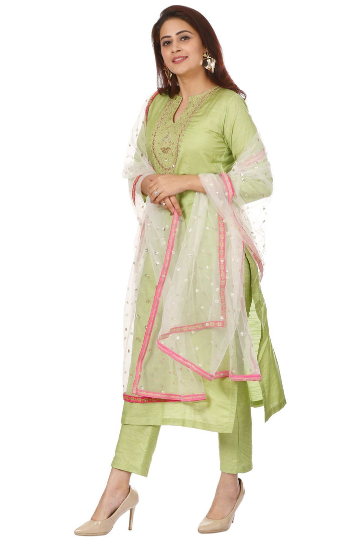anokherang Combos Pista Green Embroidered Kurti and Straight Pants with Off-White Net Sequenced Dupatta with Hot Pink Border