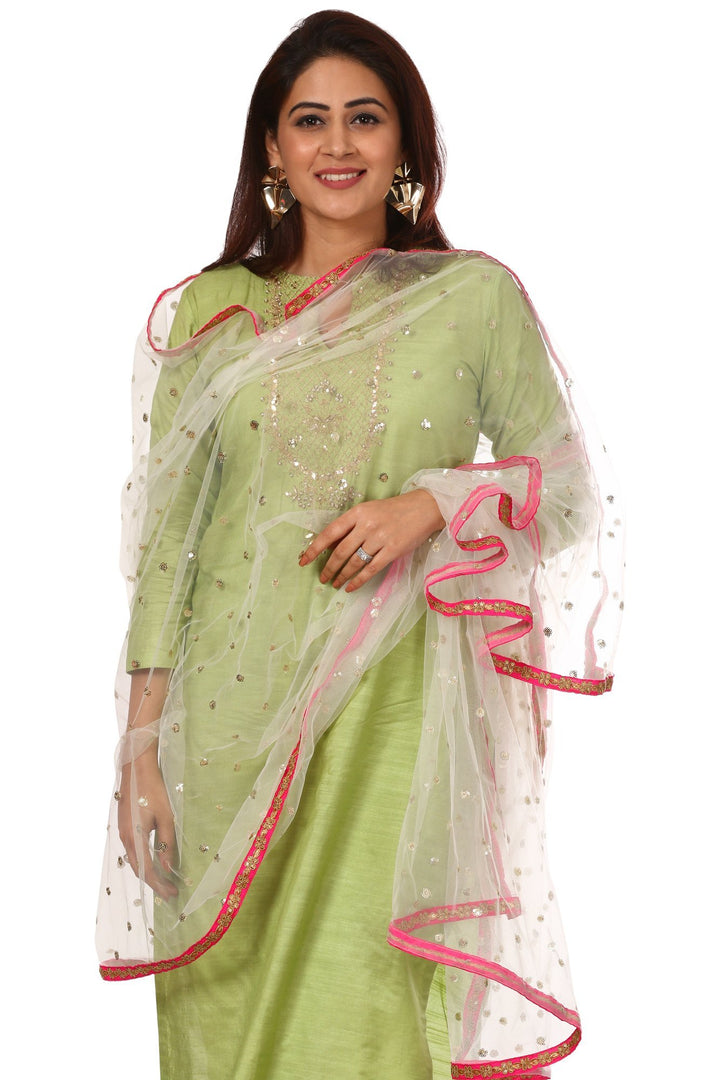 anokherang Combos Pista Green Embroidered Kurti and Straight Pants with Off-White Net Sequenced Dupatta with Hot Pink Border