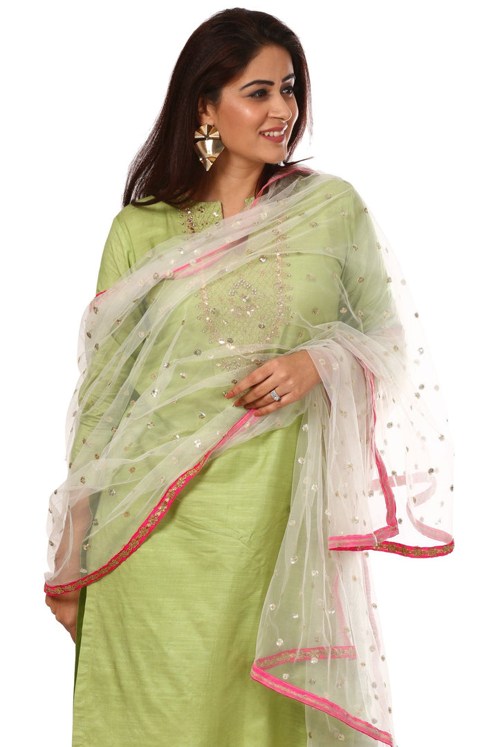 anokherang Combos Pista Green Embroidered Kurti and Straight Pants with Off-White Net Sequenced Dupatta with Hot Pink Border