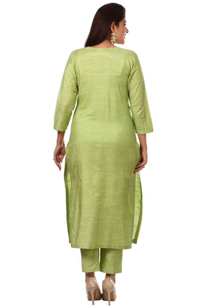 anokherang Combos Pista Green Embroidered Kurti and Straight Pants with Off-White Net Sequenced Dupatta with Hot Pink Border